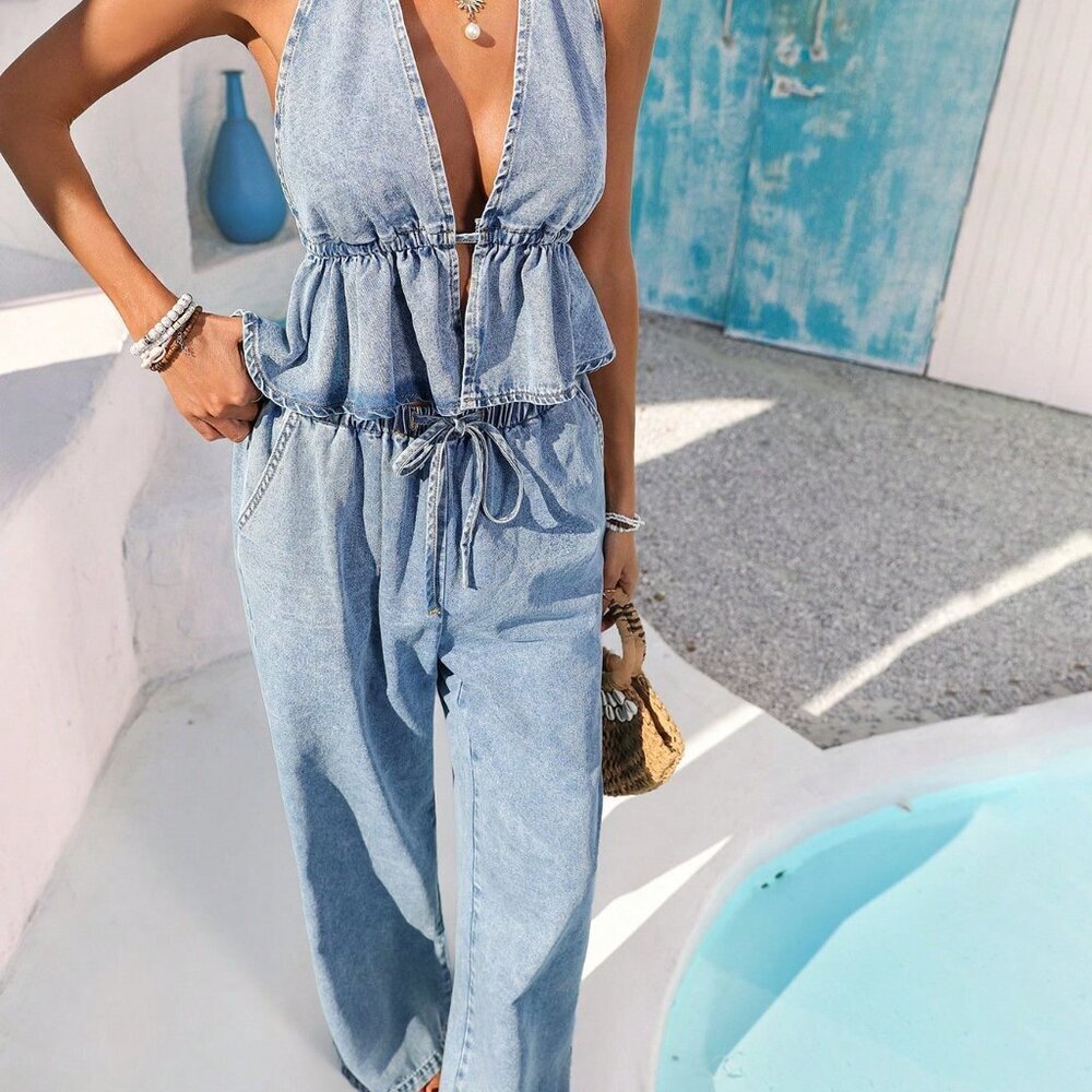 Light Wash Casual Women's Two-Piece Set - Picture 6 of 6